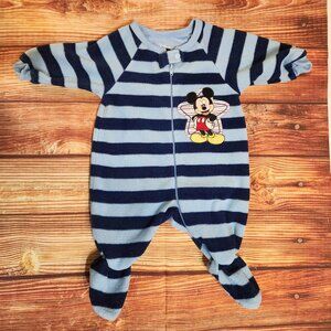 0-3 MOS Disney Store Mickey Mouse Striped Fleece Zip Up One Piece Footie Pajamas